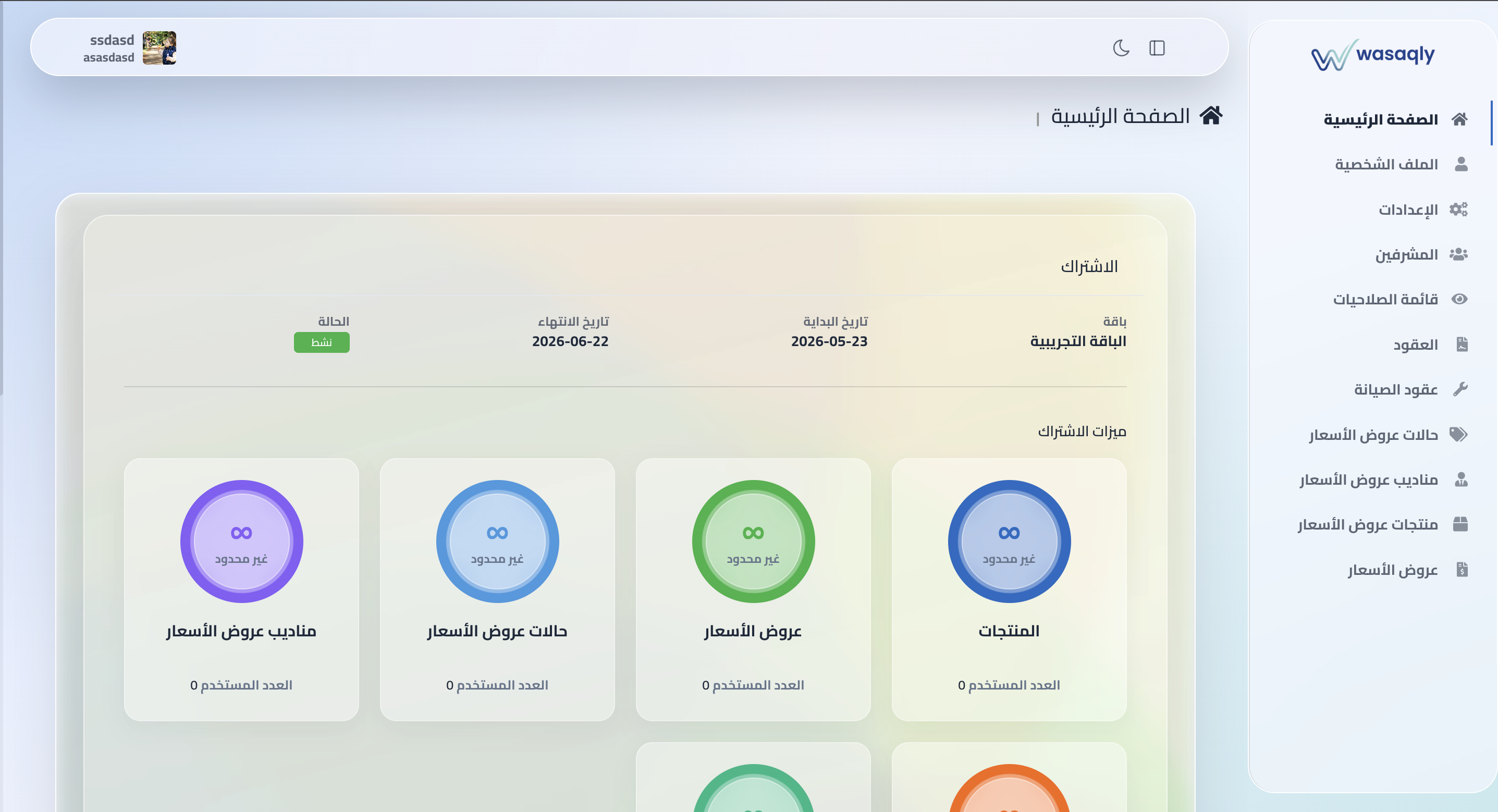 لقطة لوحة التحكم الرئيسية مع بطاقات KPI